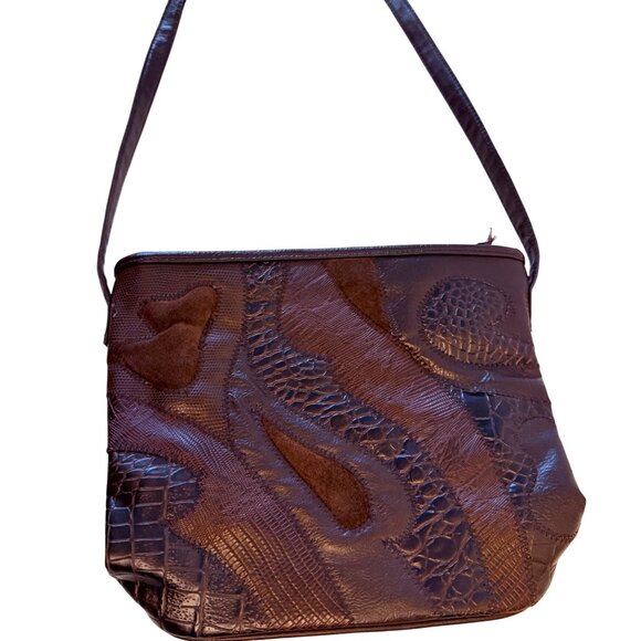 Patchwork Crossbody Bucket Bag Vintage 80s Brown Retro Hobo Purse Exotic Fashion - Picture 15 of 15